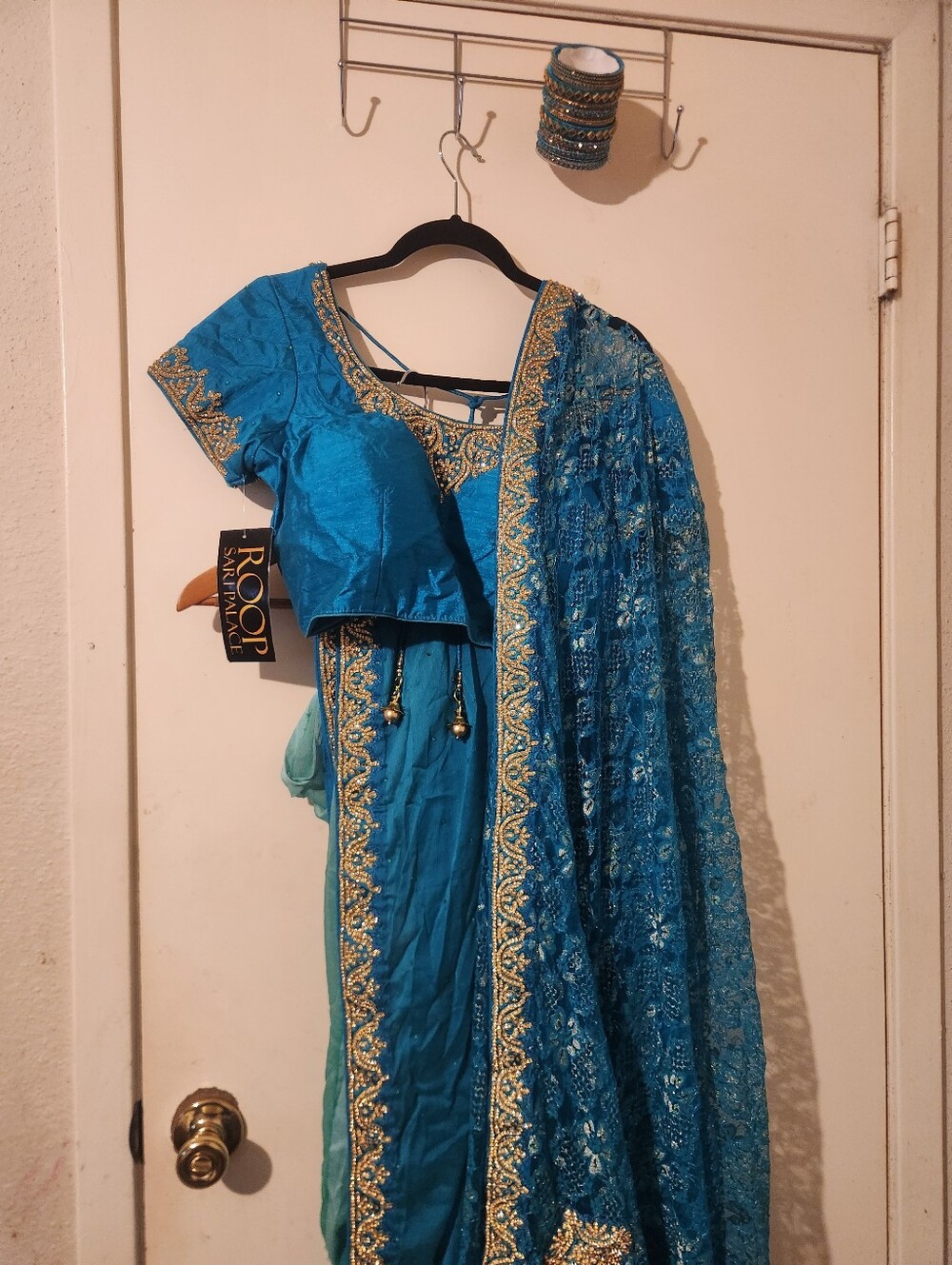 Turquoise Blue And Gold Heavy Embroidered Lehenga/ Saree Set & Matching Bangles